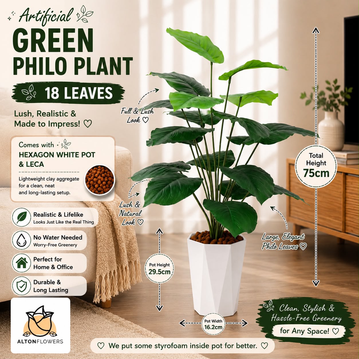 75cm Artificial Monstera Plant | 18 Realistic Leaves | Modern White Pot | UV Treated | Home & Office Décor