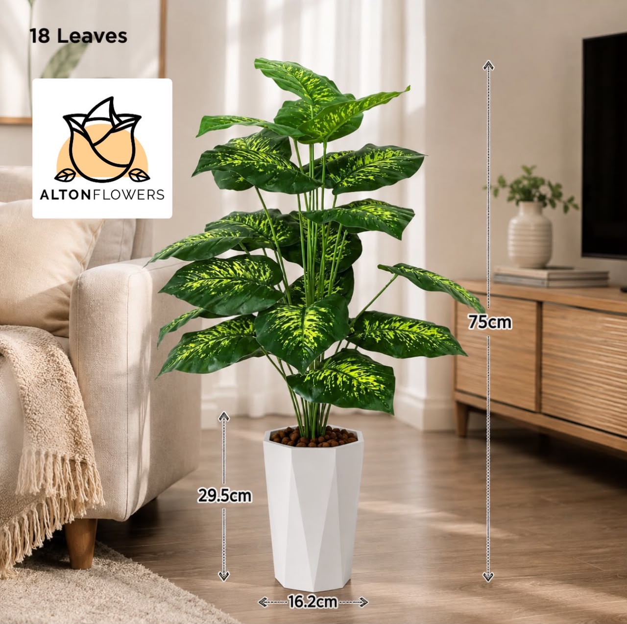 Artificial plant with 18 lush green leaves, 75cm tall, by Alton Flowers, showcasing realistic foliage for home or office decor.