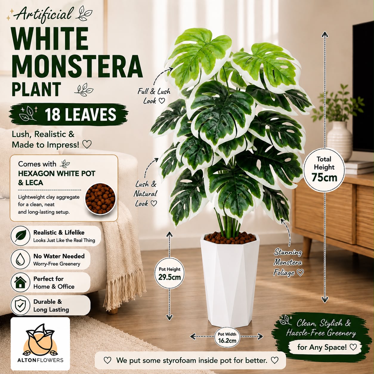75cm Artificial Monstera Plant | 18 Realistic Leaves | Modern White Pot | UV Treated | Home & Office Décor