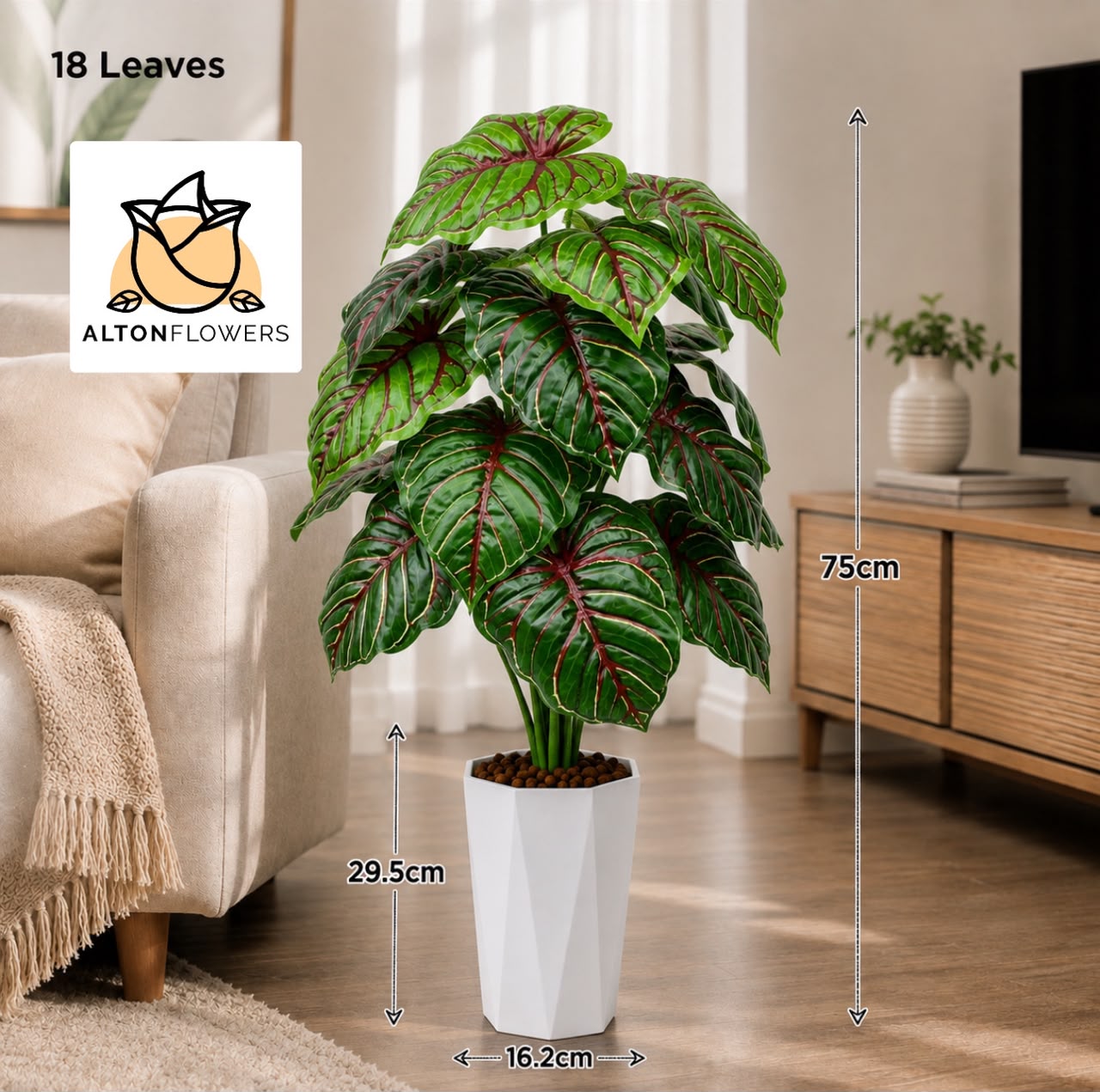 Artificial plant with 18 lush green leaves, 75cm tall, by Alton Flowers, showcasing a realistic decorative indoor or outdoor plant.
