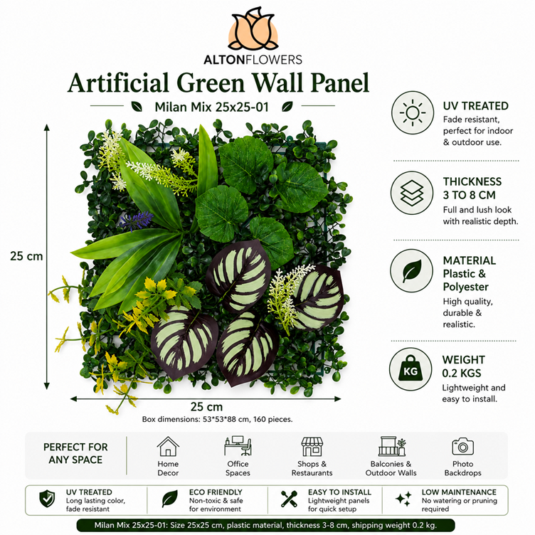 Artificial Green Wall Panel 25x25cm UV Treated | Milan Mix | Indoor & Outdoor Vertical Garden Aplant1442-C01