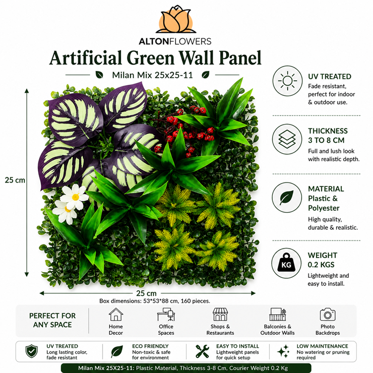 Artificial Green Wall Panel 25x25cm UV Treated | Milan Mix | Indoor & Outdoor Vertical Garden Aplant1442-C01