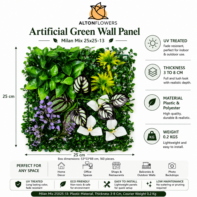 Artificial Green Wall Panel 25x25cm UV Treated | Milan Mix | Indoor & Outdoor Vertical Garden Aplant1442-C01