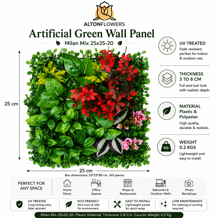 Artificial Green Wall Panel 25x25cm UV Treated | Milan Mix | Indoor & Outdoor Vertical Garden Aplant1442-C01