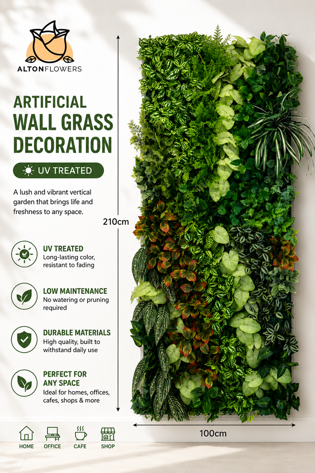 Premium Artificial Vertical Green Wall Grass Decoration – UV Treated | Lush Mixed Foliage Greenery Panel Aplant1443-A1