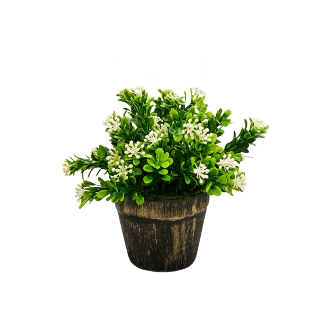 15cm Artificial Boxwood with flowers in a rustic pot Aplant168-2 - Alton Flowers