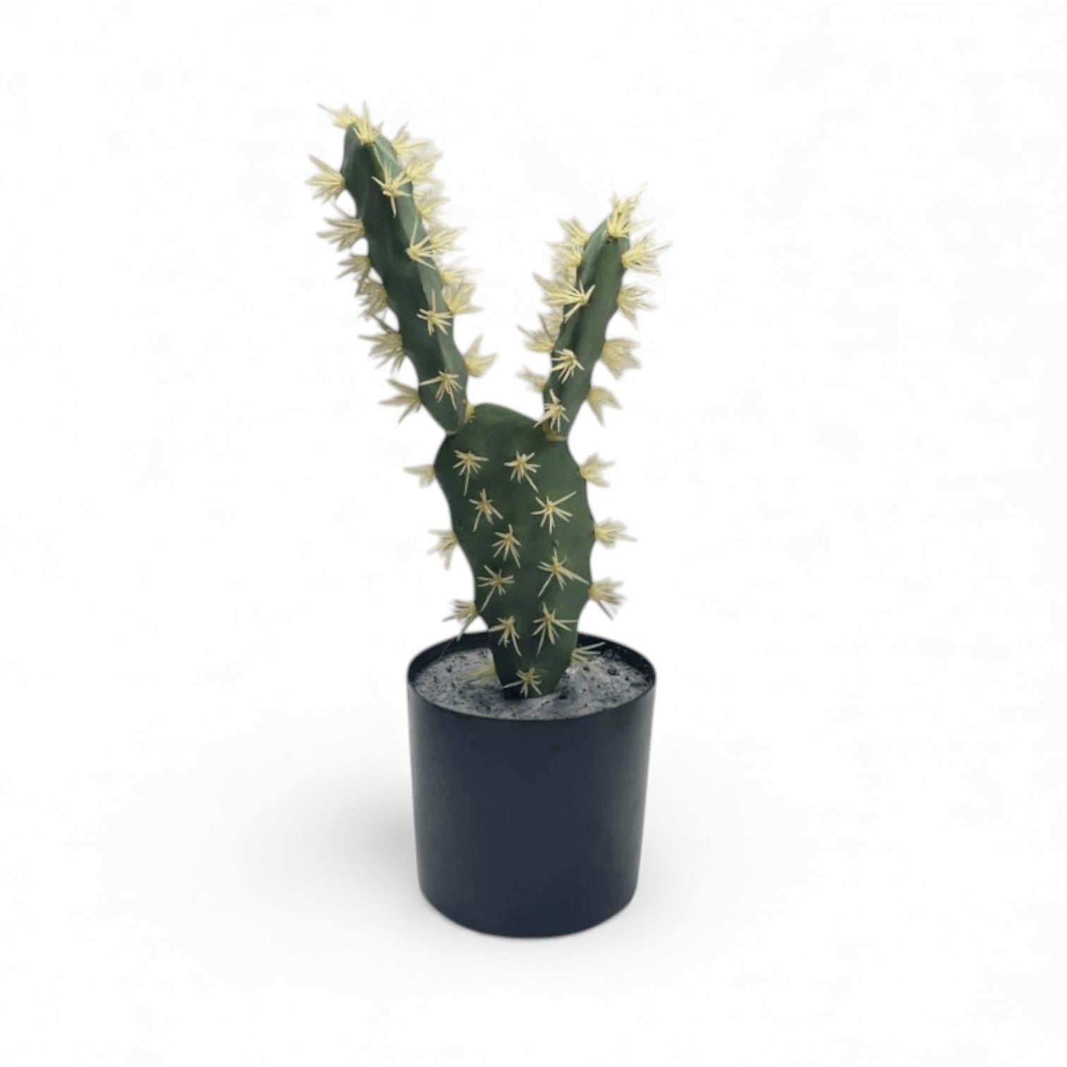 Lifelike faux prickly pear cactus in black container for home decor