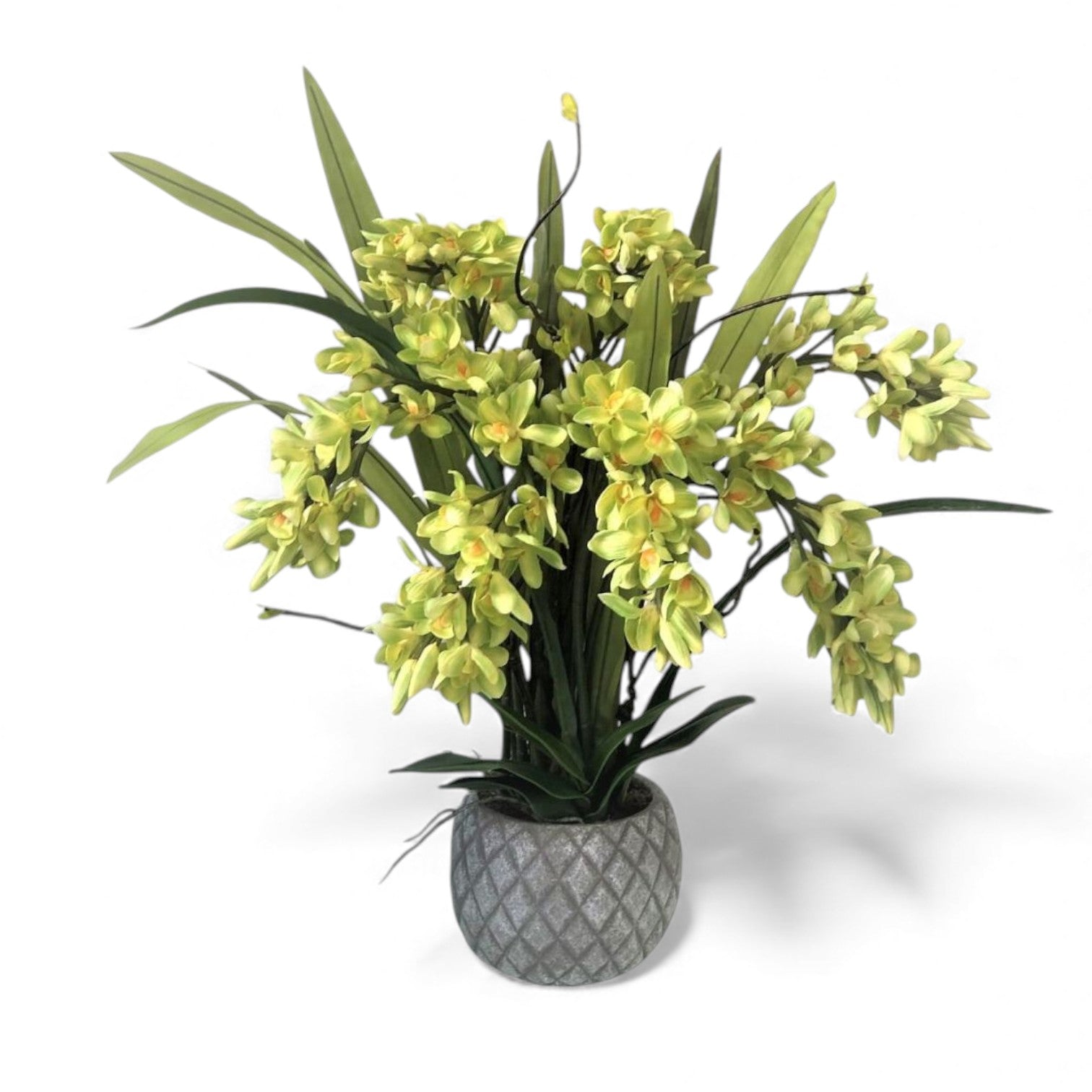 Artificial green cymbidium orchid arrangement with long leaves set in a round, grey, patterned ceramic pot, suitable for indoor home or office decor.