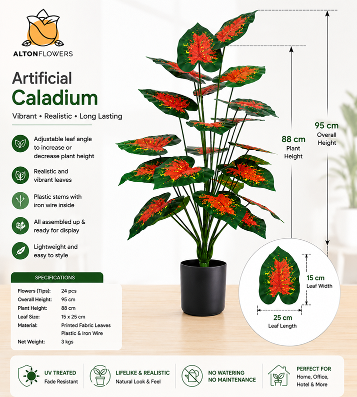 95cm Premium Artificial Red Caladium Plant 95cm – Lifelike Tropical Foliage | Home, Office & Commercial Decoration