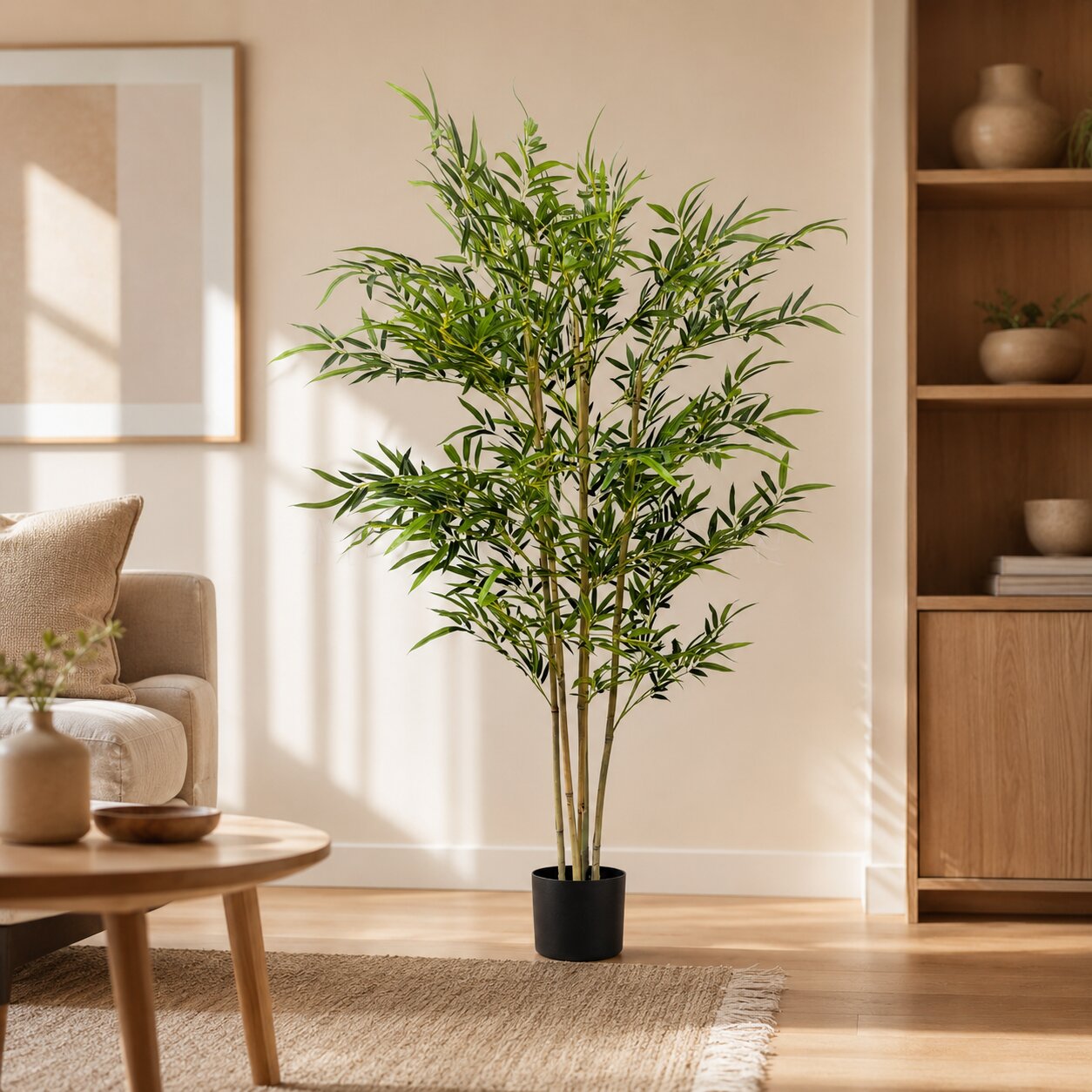 Artificial 120cm bamboo plant in a slim pot, ideal for indoor decor, by Alton Flowers. Faux bamboo tree with lush green leaves.