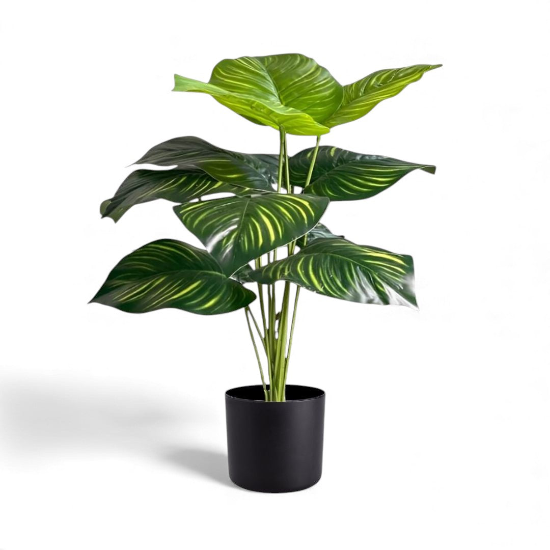 Artificial green Calathea Orbifolia or "Melon Plant" with prominent yellow-green stripes and a glossy finish, set in a basic black plastic pot for indoor decor.