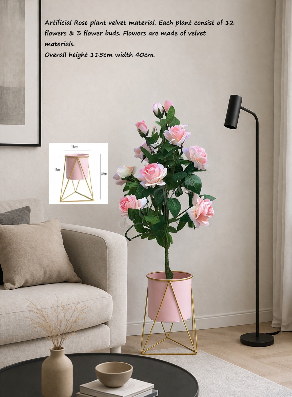 115cm Plant Rose Velvet x 12 flowers & 3 buds Artificial, indoor plants, decor, indoor, flower, home, plants Aplant578-2 Pinky