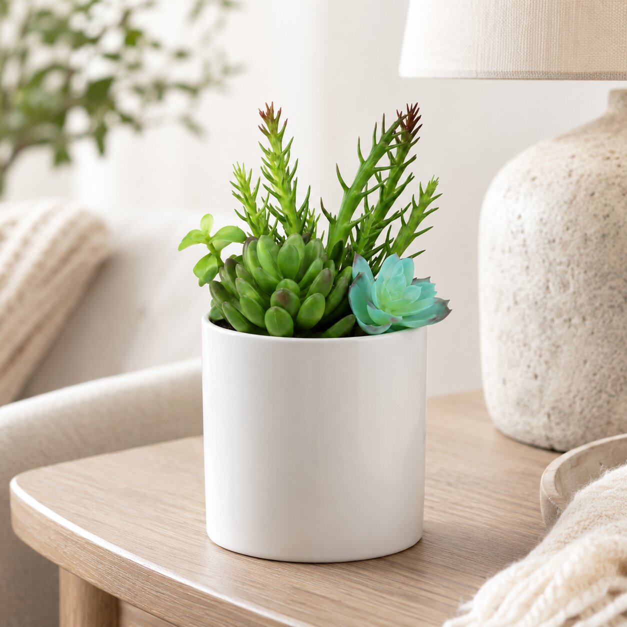 Artificial 12cm succulent plant by Alton Flowers, mixed indoor decor for office or house with realistic green foliage.