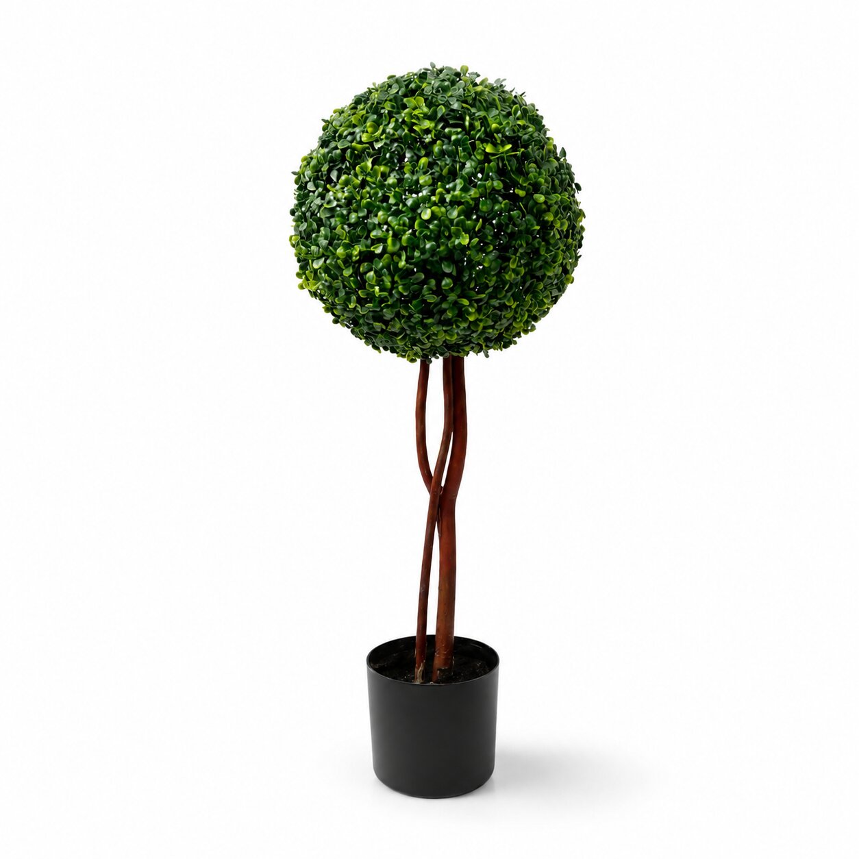 80cm artificial boxwood topiary tree featuring a dense green foliage sphere on a braided double wooden trunk in a black pot by Alton Flowers Singapore