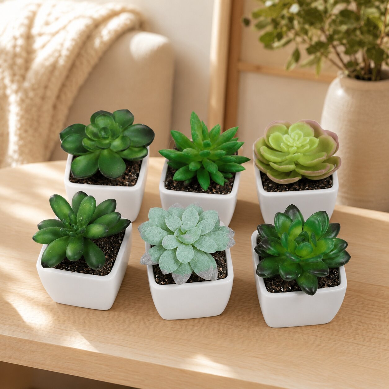 Set of 6 mini artificial succulents with ceramic pots, ideal for home or office decor, by Alton Flowers.