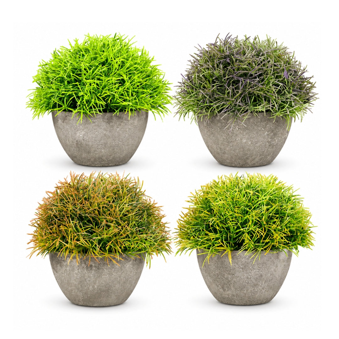 Mini artificial moss grass bush in cement-style pot with round faux greenery for desk, home and office décor