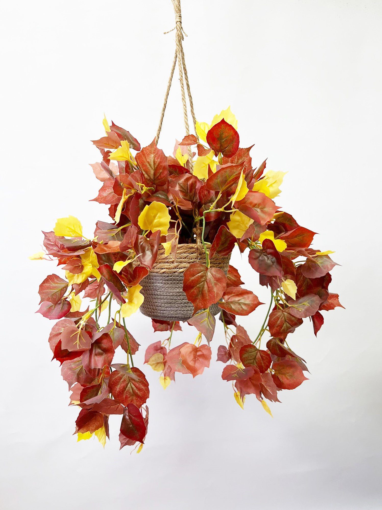 Artificial Plant Brown Maple Leaves with Hanging Woven Basket - Home Decor Indoor Garden Aplant820