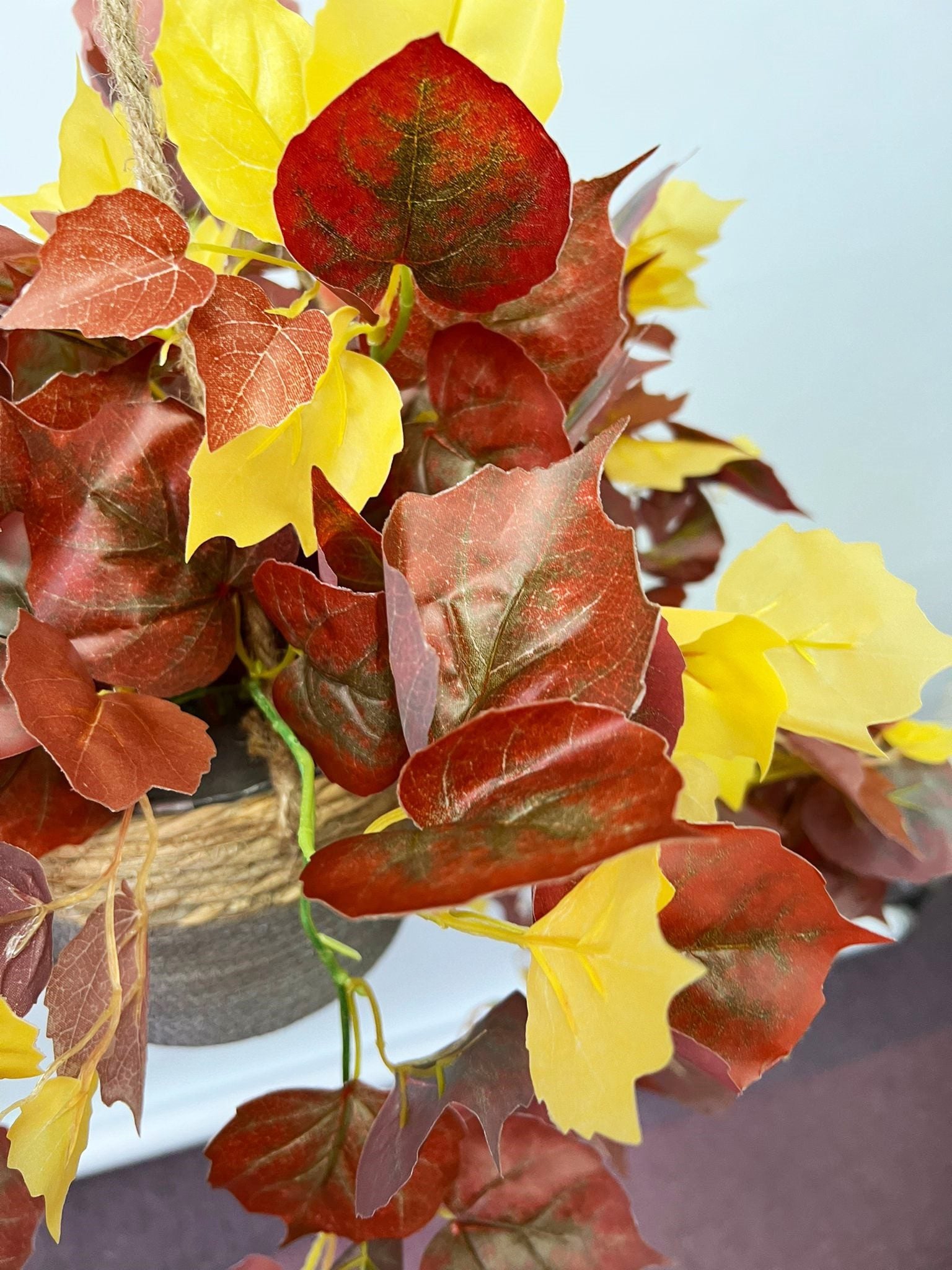 Artificial Plant Brown Maple Leaves with Hanging Woven Basket - Home Decor Indoor Garden Aplant820