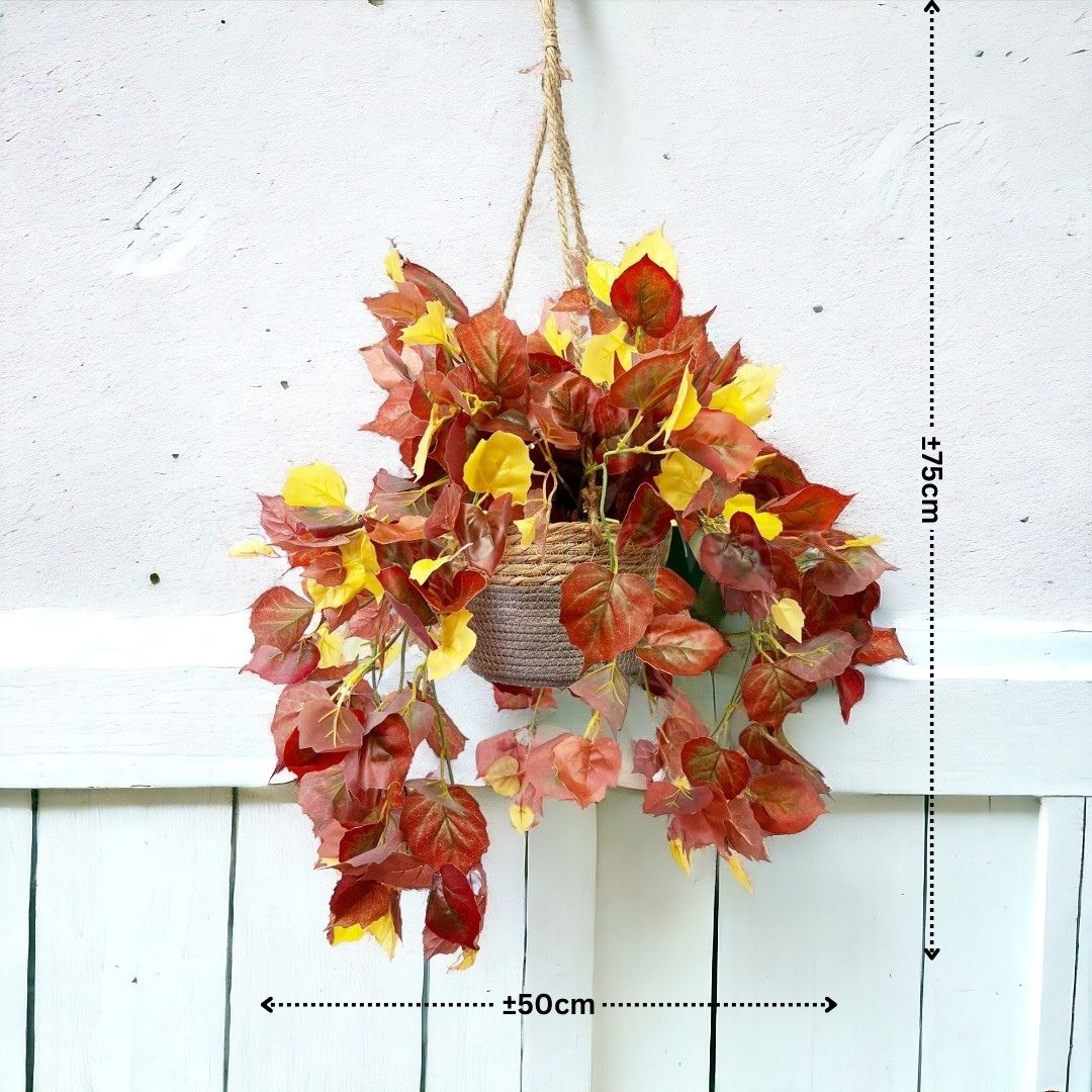 Artificial Plant Brown Maple Leaves with Hanging Woven Basket - Home Decor Indoor Garden Aplant820