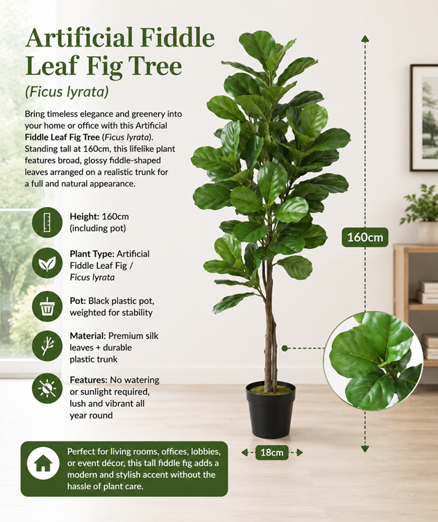 160cm Artificial Plant Fiddle Fig 160cm tall, faux plant, home decor, events