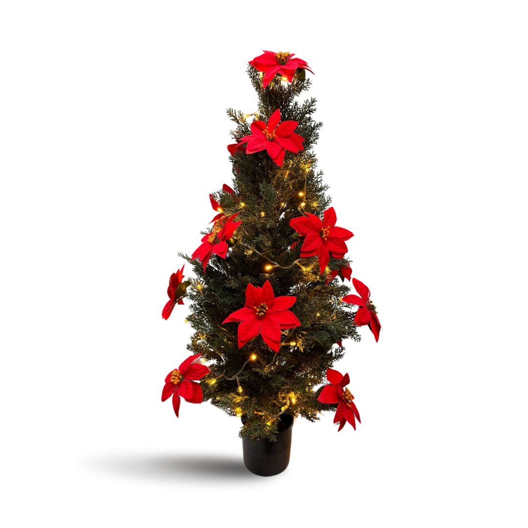 90cm Artificial Christmas Tree with Red Poinsettia Flowers and Fairy Lights Asea132