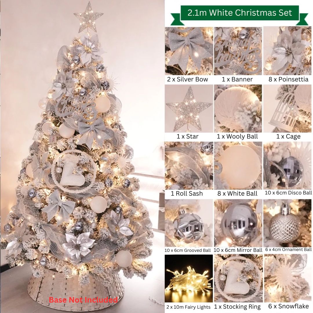 180cm-210cm White Christmas Tree Artificial with Full Set Decoration Luxury Festival Home Asea133