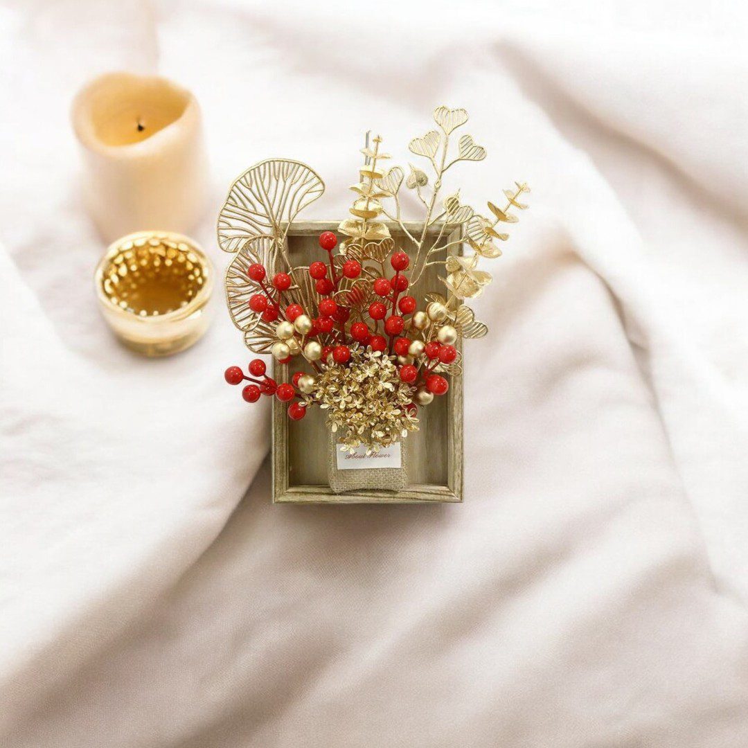 Festive Flowers in Burlap Vase in a Wooden Frame for Wall Hanging Decoration Asea135