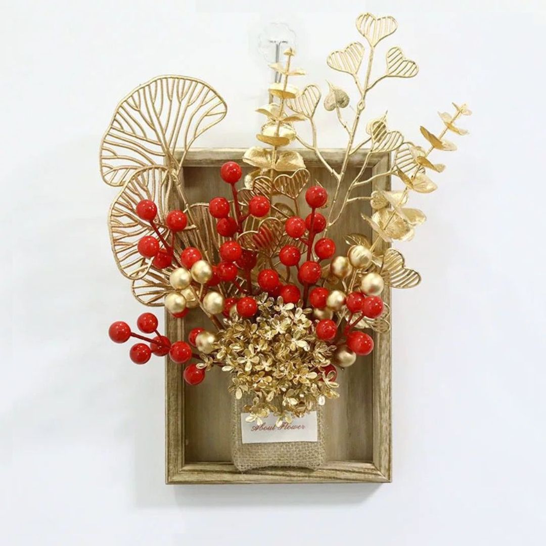 Festive Flowers in Burlap Vase in a Wooden Frame for Wall Hanging Decoration Asea135