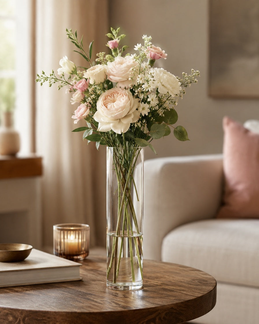 Bouquet of flowers in a clear vase on a wooden table with a cozy living room background.