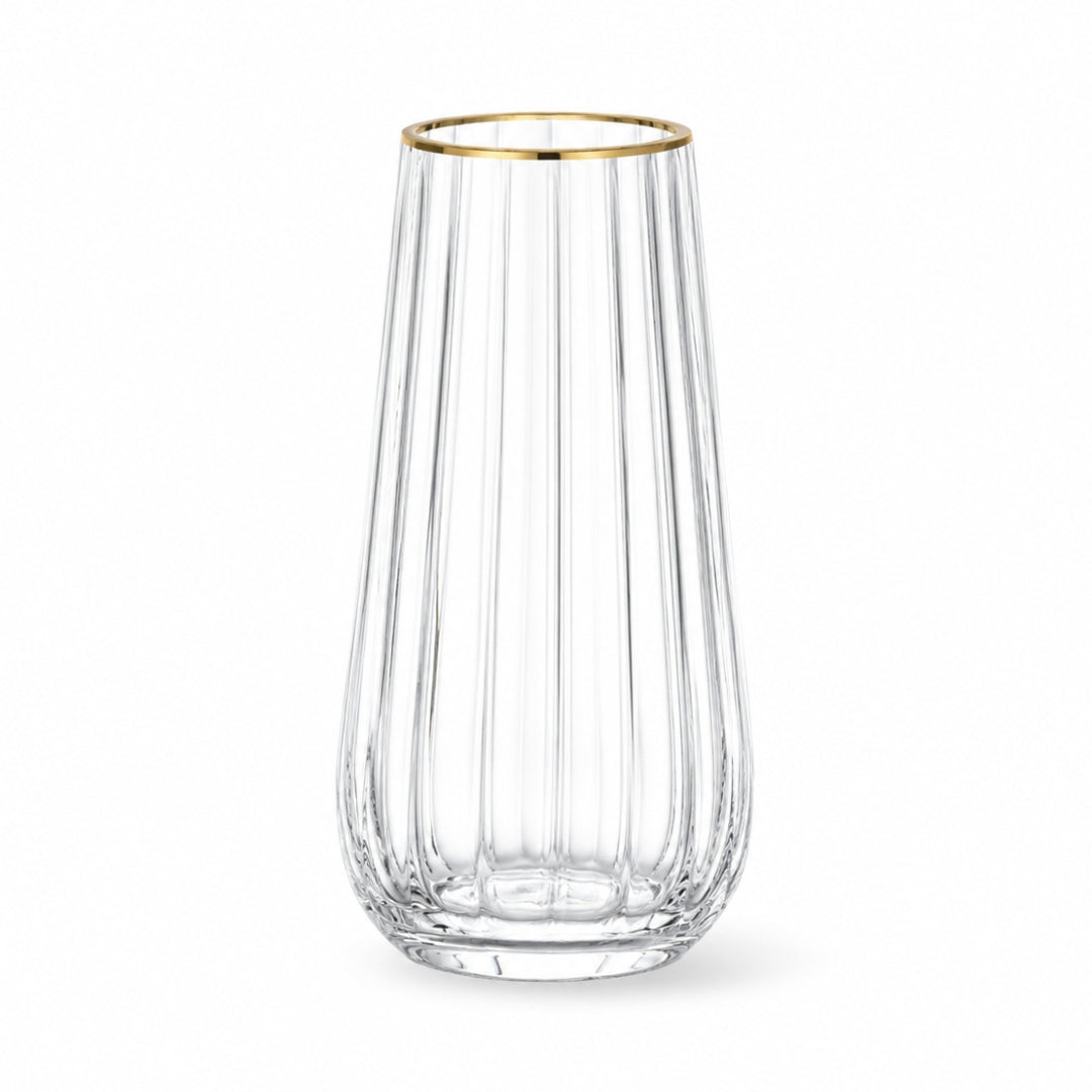 25cm fluted gold rim glass vase with tulip-style shape for flower stems, dried botanicals and table decor