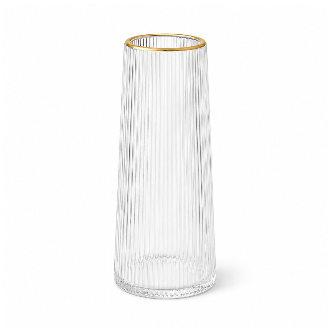 20cm clear ribbed glass flower vase with gold rim for single-stem flowers, dried stems and tabletop decor