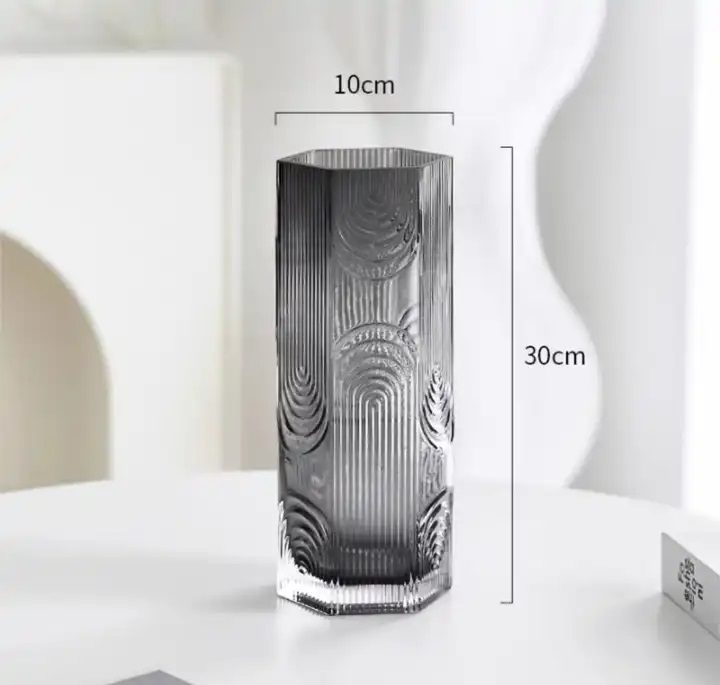 Tall 30cm smoked glass geometric vase with Nordic pattern by Alton Flowers, ideal for floral arrangements or modern home decor.