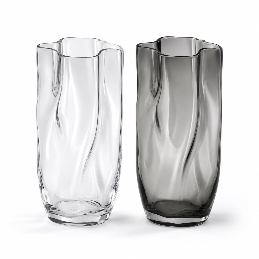 28cm Nordic wavy glass flower vases in clear and smoke grey for flower arrangements, event styling and modern home decor