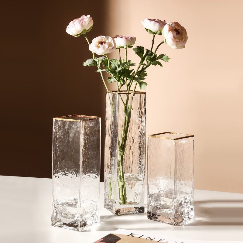 30cm Frosted Glass Vase Cuboid Gold Rim Tone Modern Style Thick for Flower Arrangement Avase321a