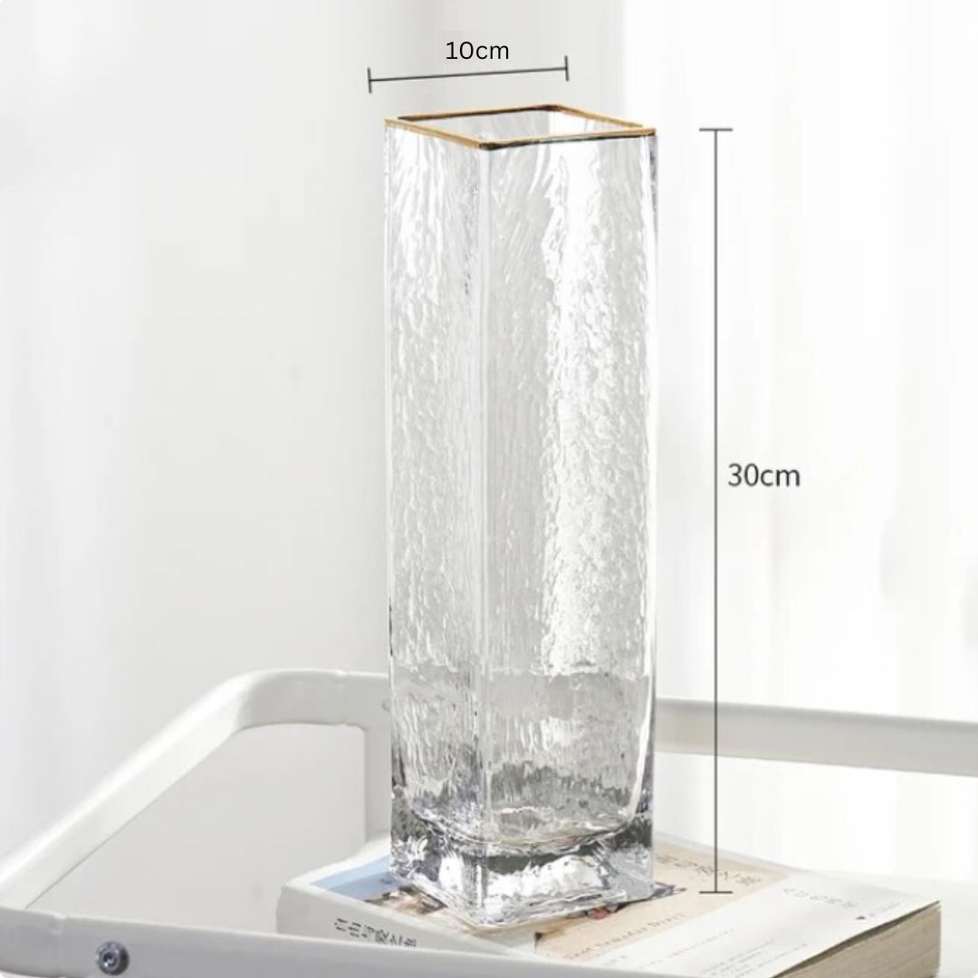 30cm Frosted Glass Vase Cuboid Gold Rim Tone Modern Style Thick for Flower Arrangement Avase321a
