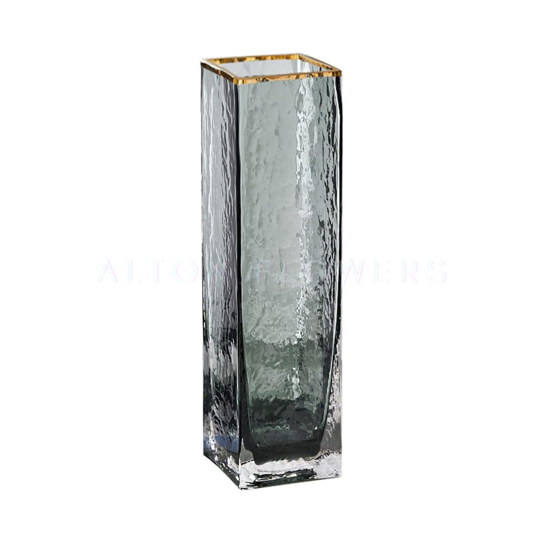 30cm Tinted Frosted Glass Vase Cuboid Gold Rim Tone Modern Style Thick for Flower Arrangement Avase321b