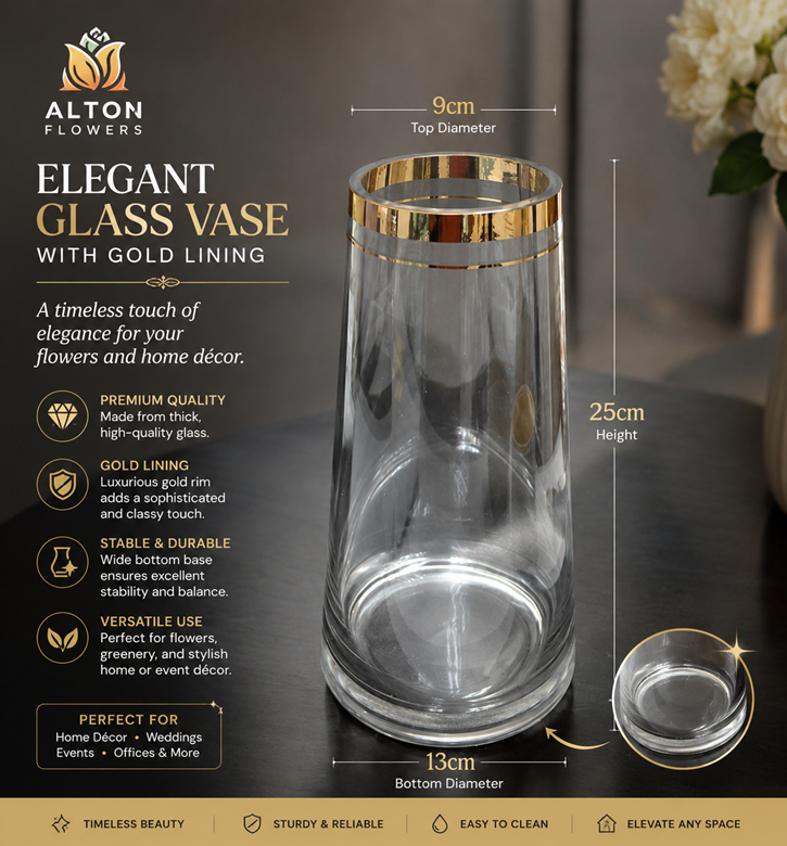 25cm Tapered Glass Flower Vase | Gold Rim Vase