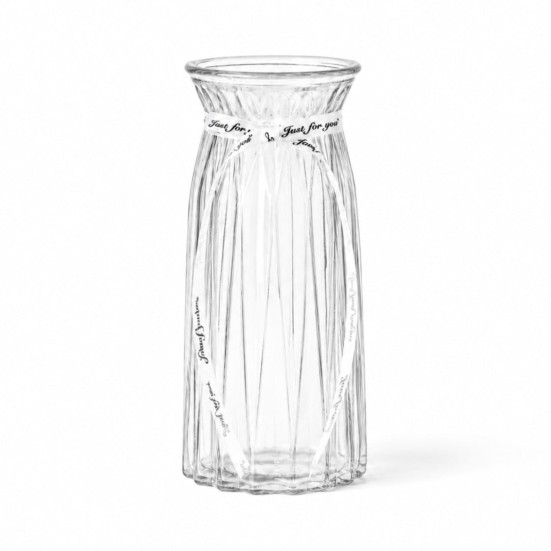 30cm ribbed glass flower vase in clear and tinted options with decorative ribbon for floral arrangements and home decor