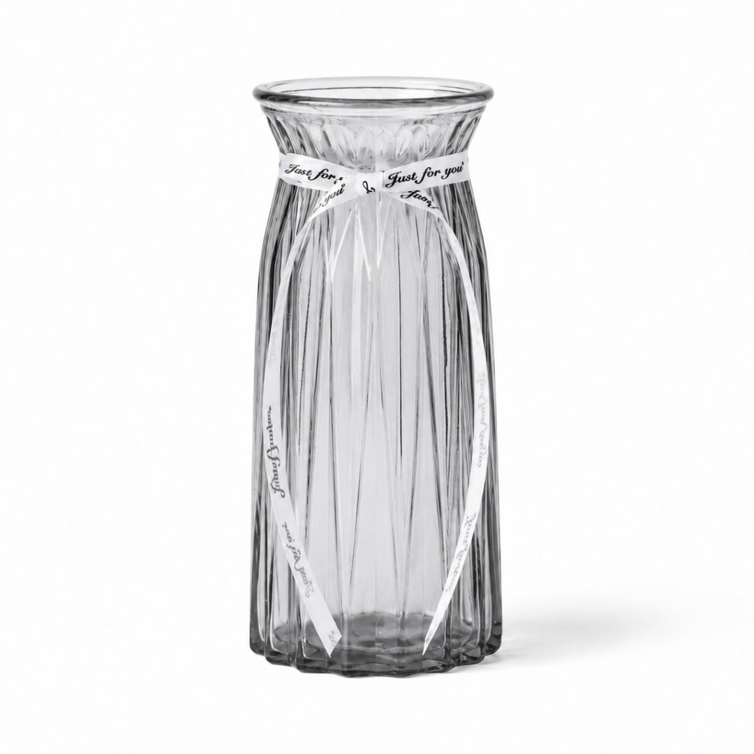 30cm ribbed glass flower vase in clear and tinted options with decorative ribbon for floral arrangements and home decor