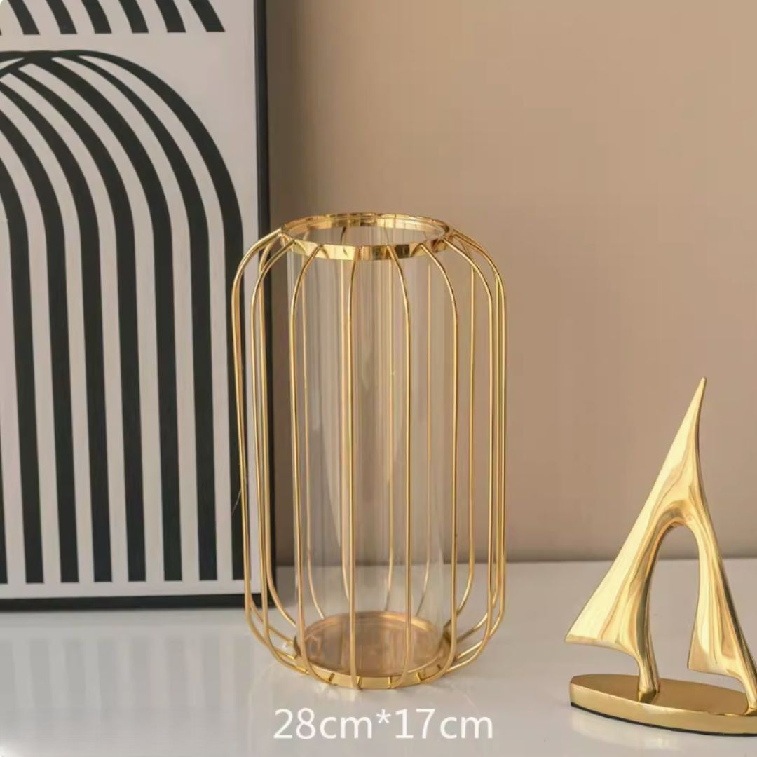 23cm & 38cm Gold Wire Frame Glass Vase | Modern Metal Cage Flower Vase