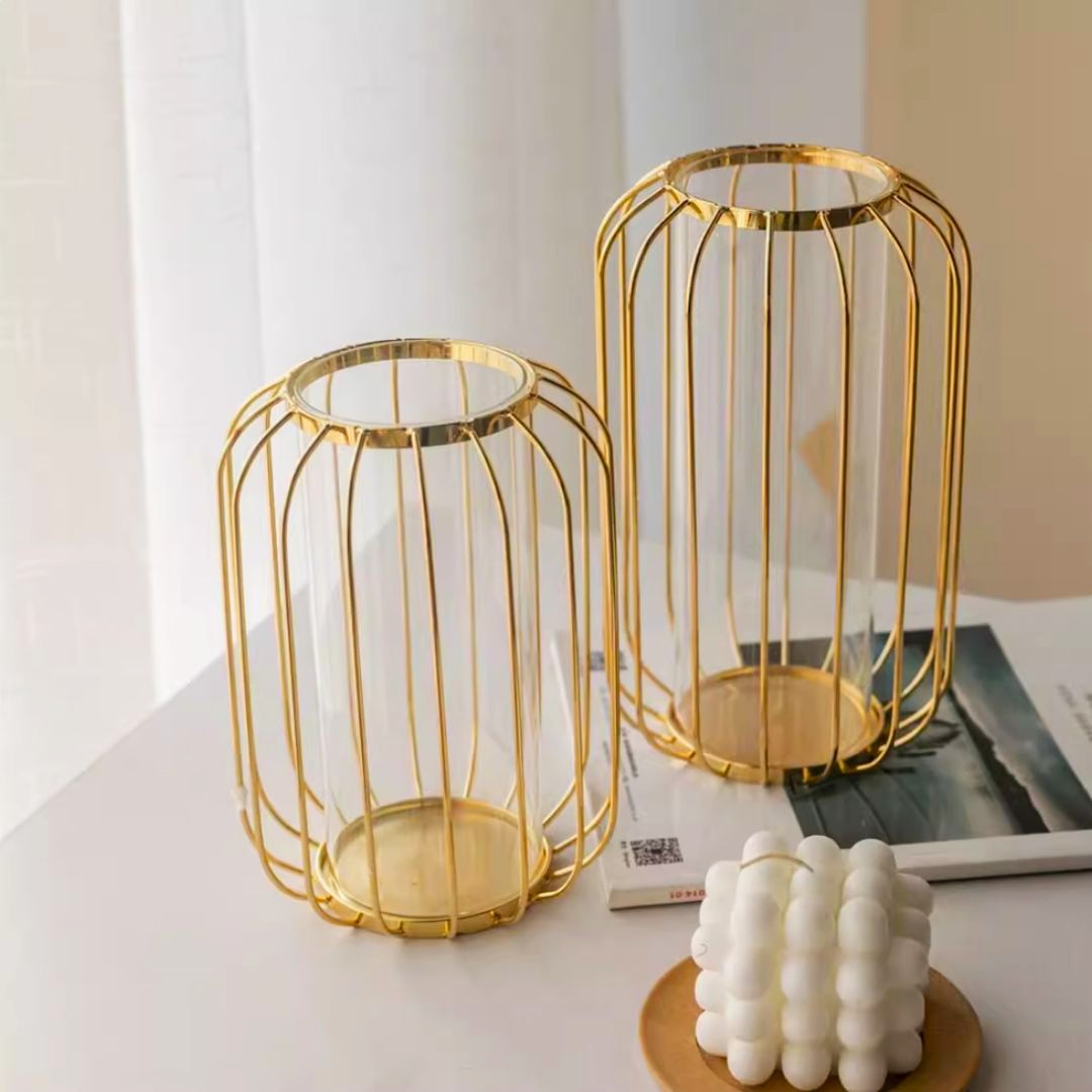 23cm & 38cm Gold Wire Frame Glass Vase | Modern Metal Cage Flower Vase