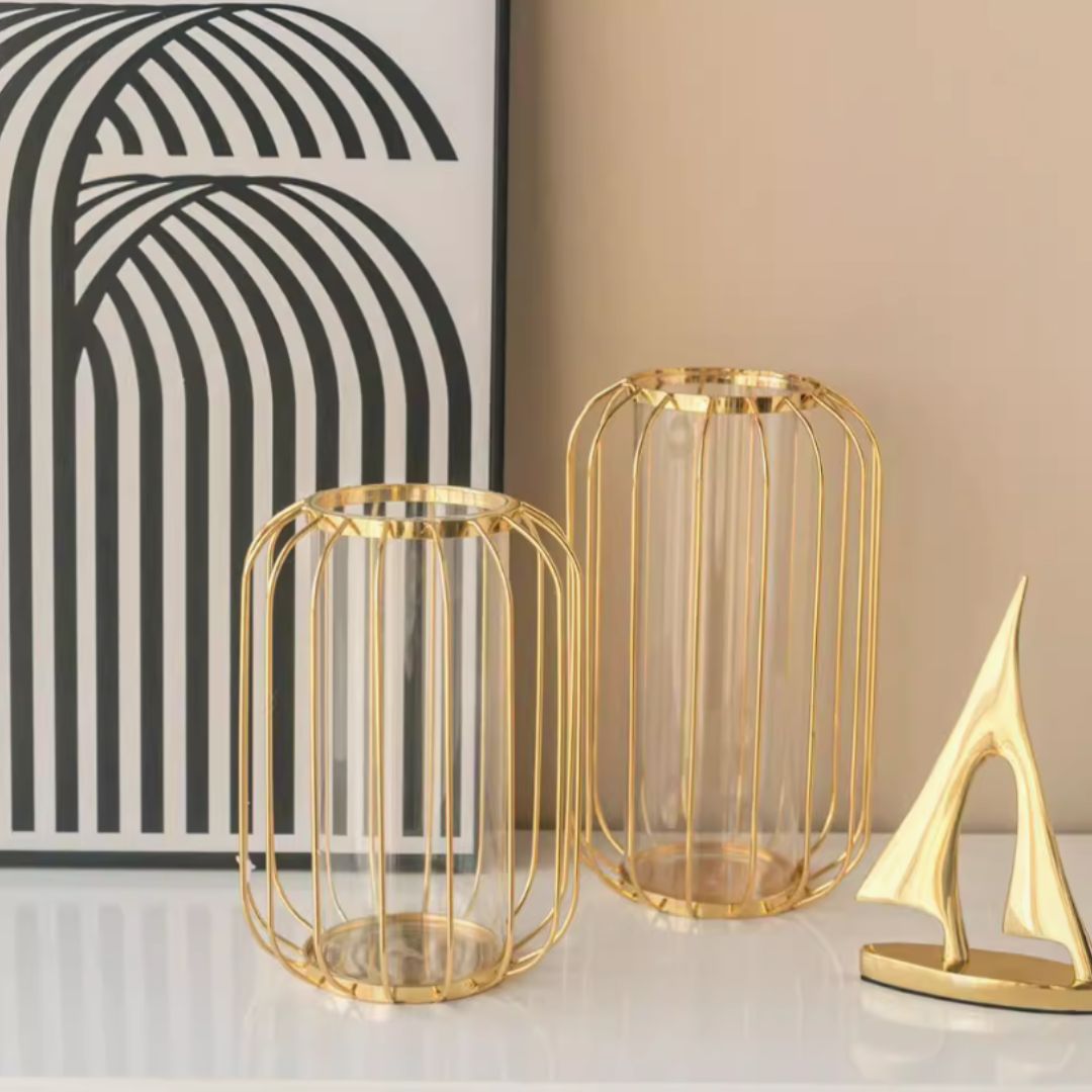 23cm & 38cm Gold Wire Frame Glass Vase | Modern Metal Cage Flower Vase