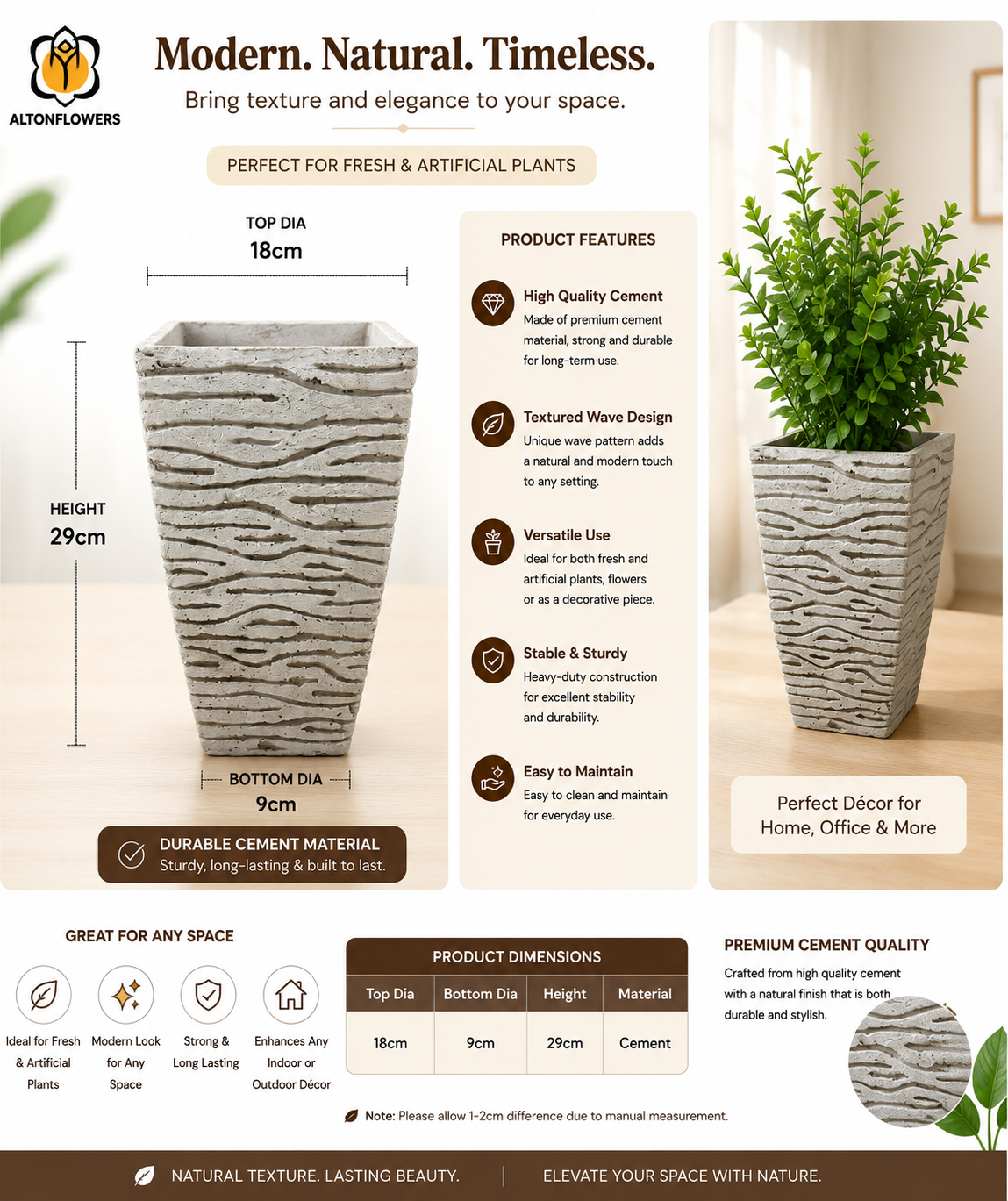 29cm Textured Wave Design Cement Vase for Fresh and Artificial Flowers Plants