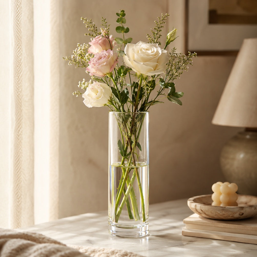 40cm Tall Clear Cylinder Glass Vase – Slim 10cm Diameter Long Stem Flower Vase