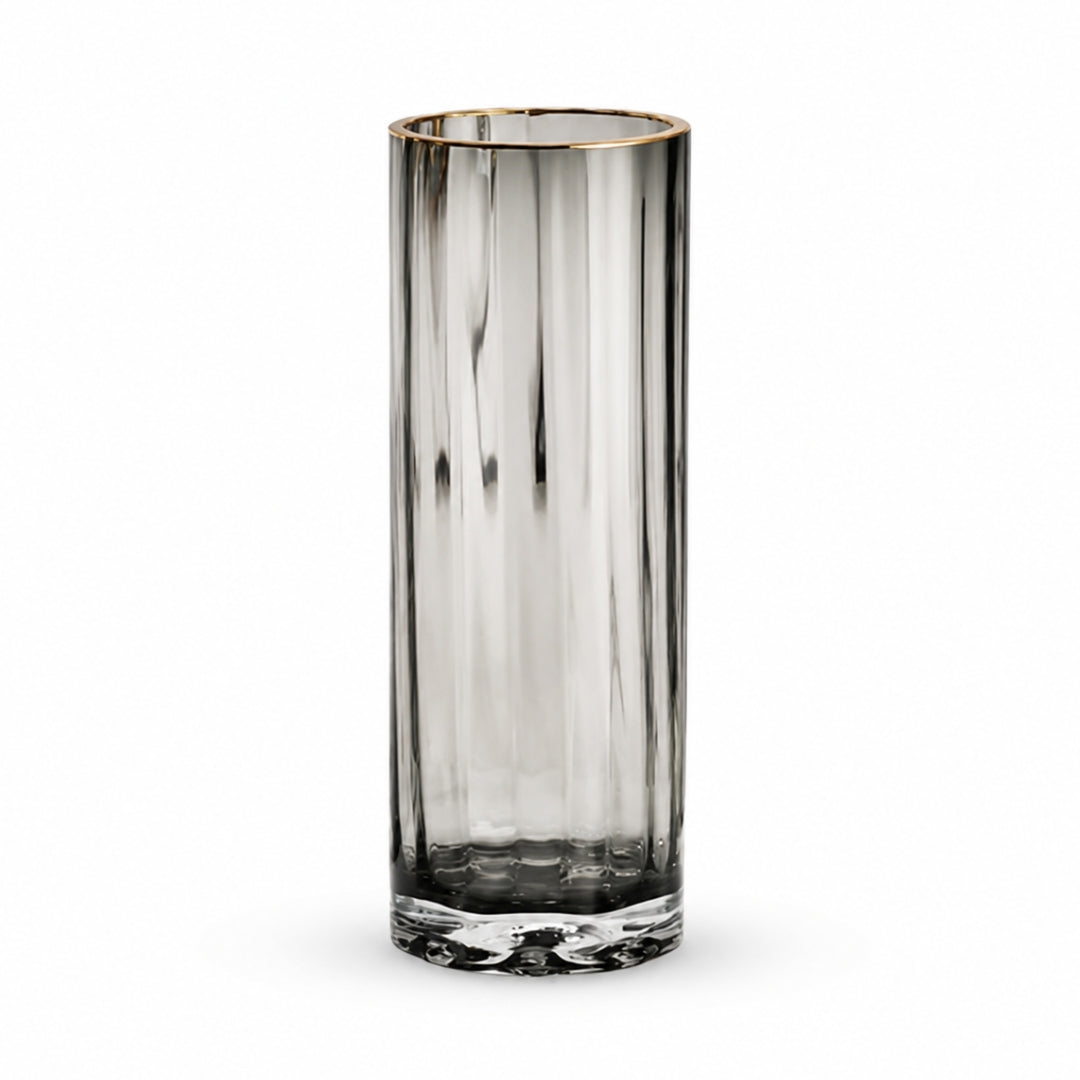 Smoky grey ribbed cylindrical glass vase with gold rim and thick base for flowers and home decor