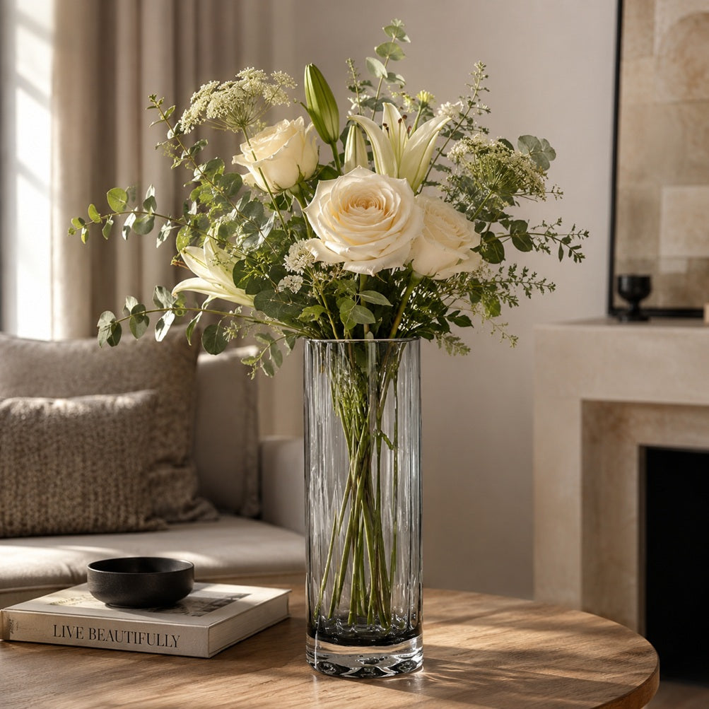 30cm Gold Rim Ribbed Cylinder Glass Vase – Slim Textured Flower Vase