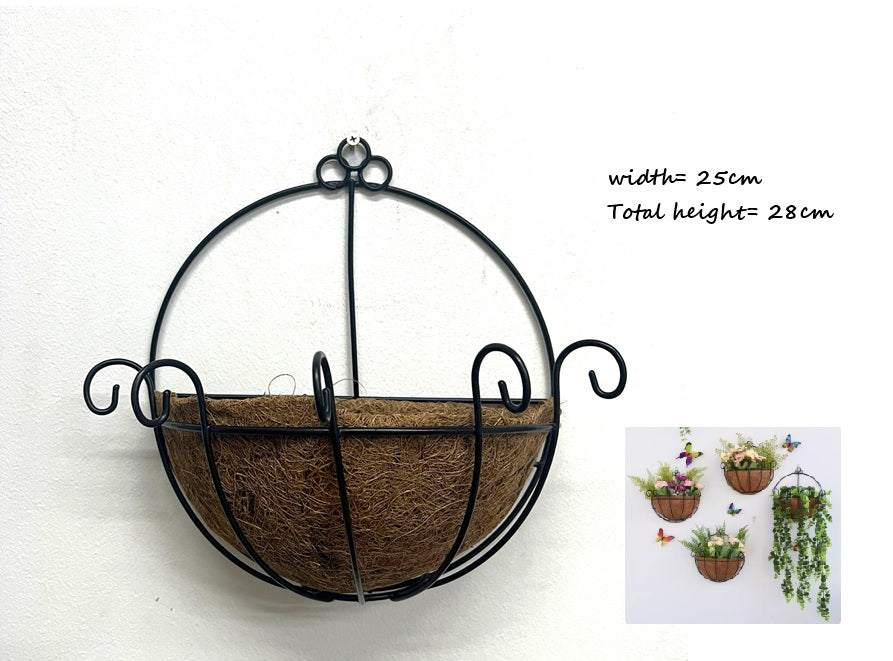 28cm metal wall-mounted hanging basket with coco liner from Alton Flowers, suitable for decorative plants or flowers.