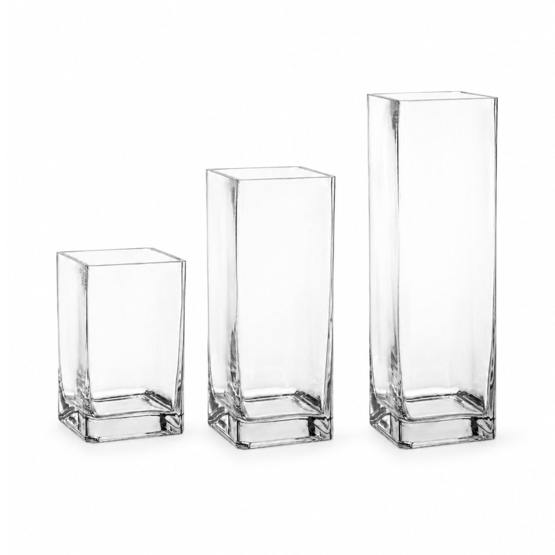 clear square glass flower vases in 20cm, 30cm and 40cm heights for floral arrangements and event centrepieces