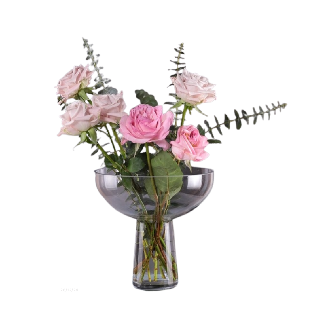 Clear glass vase for flowers and plants, ideal for arrangements and events, by Alton Flowers N Gifts.