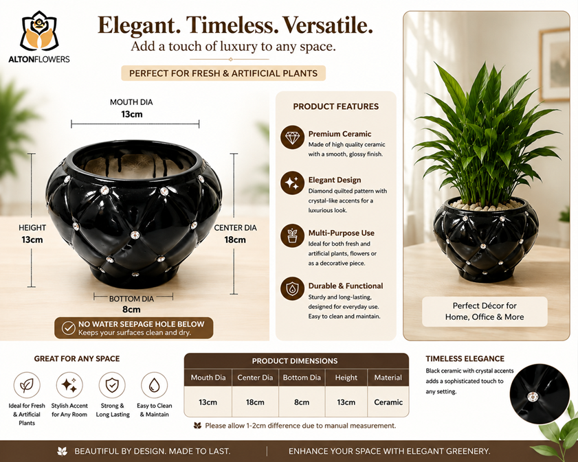13cm Premium Black Ceramic Diamond Quilted Plant Pot – Luxurious Tabletop Decor for Home & Office